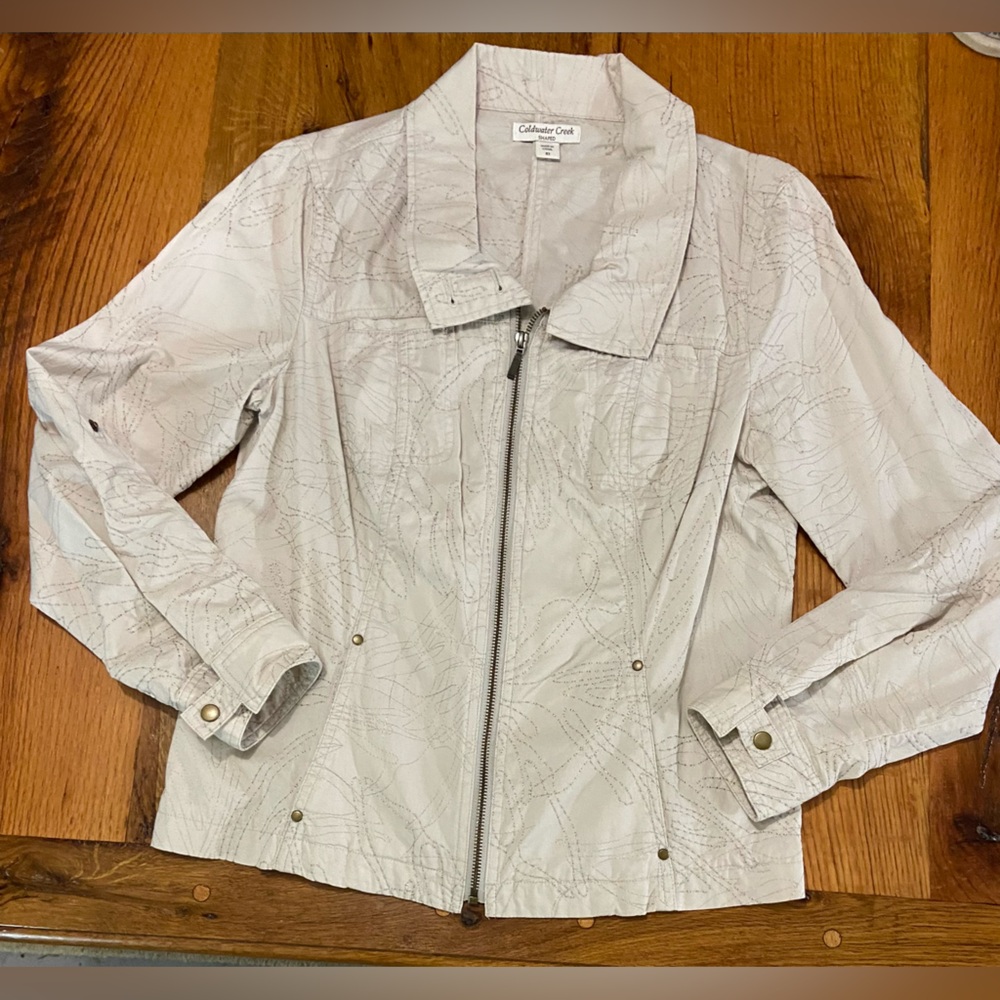 Coldwater Creek Shaped 100% Cotton Zip Front Embroidered Lightweight Jacket, 10